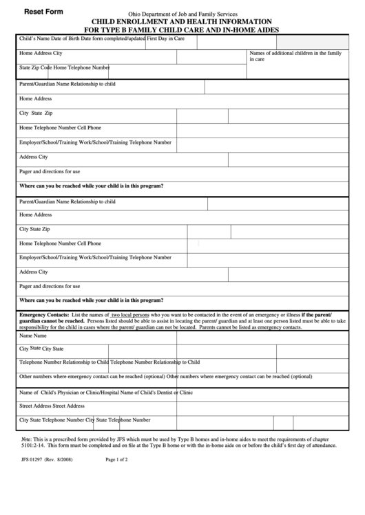 Fillable Child Enrollment And Health Information Printable pdf