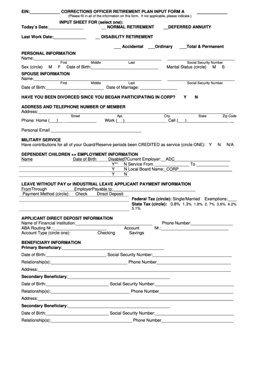 Input Form A - Corrections Officer Retirement Plan printable pdf download