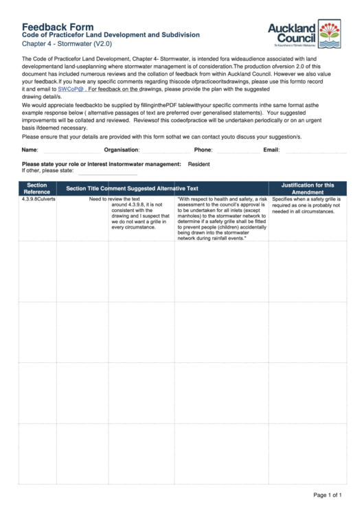 Fillable Feedback Form - Code Of Practice For Land Development And Subdivision Printable pdf