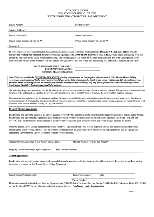 Fillable Water/sewer Tenant Direct Billing Agreement Printable pdf