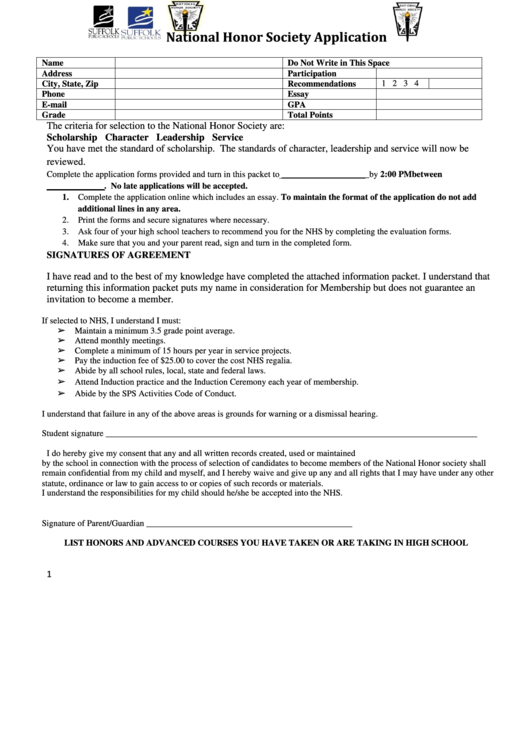 National Honor Society Application Printable pdf