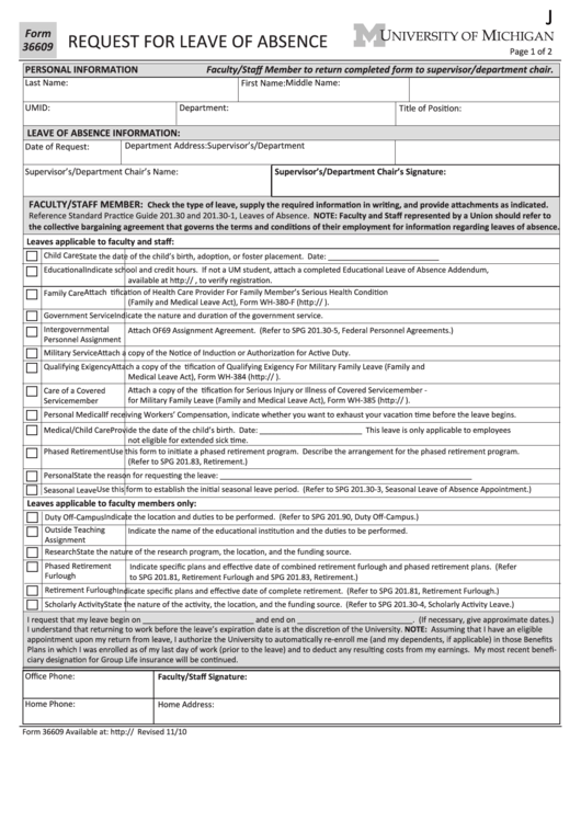 Fillable Form 36609 - Request For Leave Of Absence Printable pdf