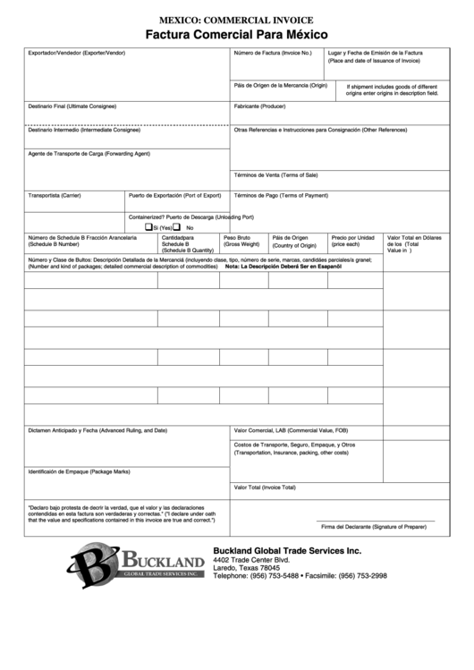 Fillable Mexico - Commercial Invoice Template Printable pdf