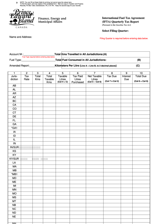 Fillable (Ifta) Quarterly Tax Report Printable pdf