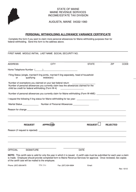 Personal Withholding Allowance Variance Certificate Form - Maine Revenue Services Title Printable pdf