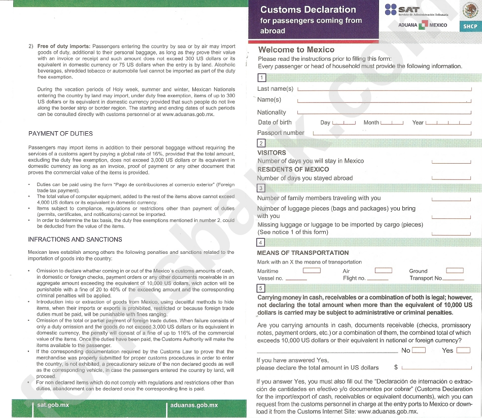 Customs Declaration For Passengers Coming From Abroad Mexico Printable Pdf Download