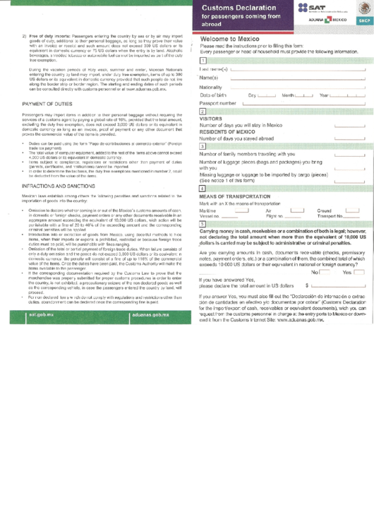 Customs Declaration (For Passengers Coming From Abroad) - Mexico Printable pdf