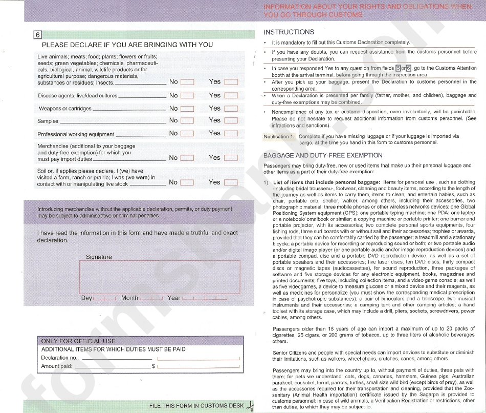 Customs Declaration (For Passengers Coming From Abroad) - Mexico