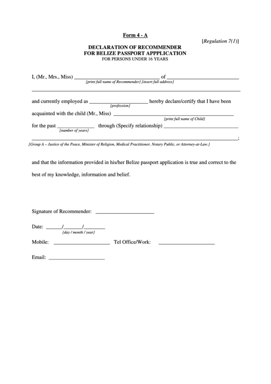 Form 4-A - Declaration Of Recommender For Belize Passport Appplication Printable pdf