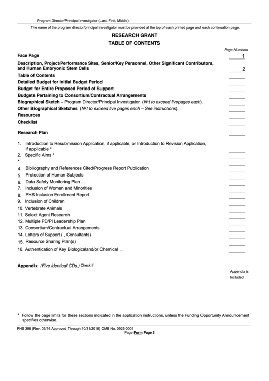 Fillable Research Grant Table Of Contents Printable pdf