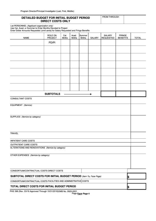 Fillable Phs 398 (Rev. 03/16), Detailed Budget For Initial Period Printable pdf