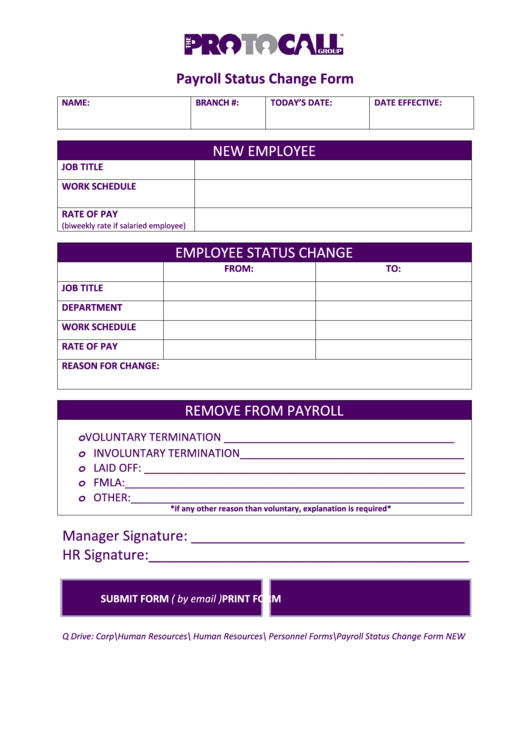 Fillable Payroll Status Change Form Printable pdf