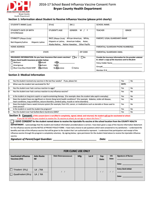 Influenza Vaccine Consent Form Printable pdf