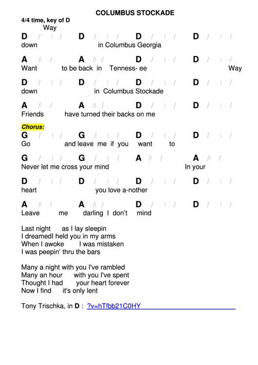 Columbus Stockade Chord Chart - 4/4 Time, Key Of D Printable pdf