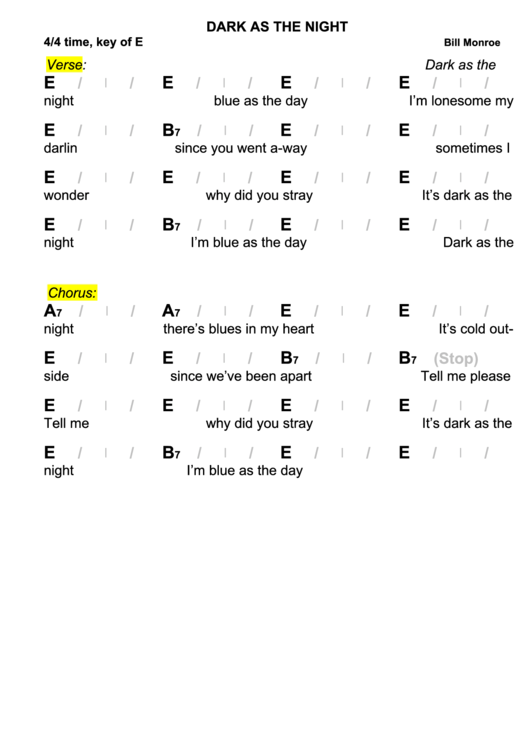 Bill Monroe - Dark As The Night Chord Chart Printable pdf
