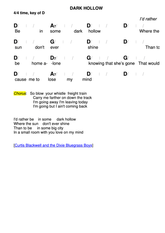 Dark Hollow Chord Chart - 4/4 Time, Key Of D Printable pdf