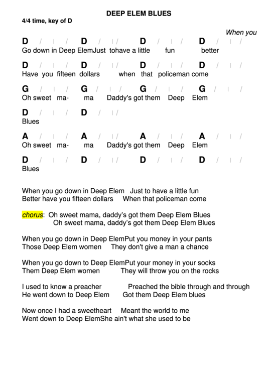Deep Elem Blues Chord Chart - 4/4 Time, Key Of D Printable pdf