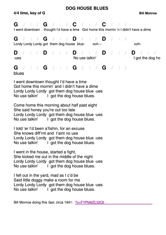 Bill Monroe - Dog House Blues Chord Chart Printable pdf