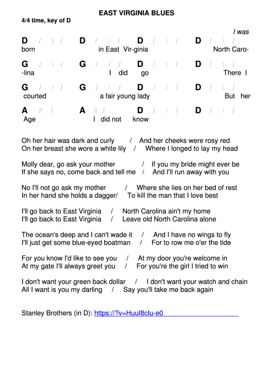 East Virginia Blues Chord Chart - 4/4 Time, Key Of D Printable pdf