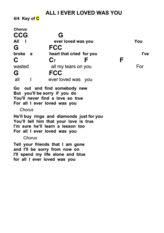 All I Ever Loved Was You Chord Chart - 4/4 Key Of C Printable pdf
