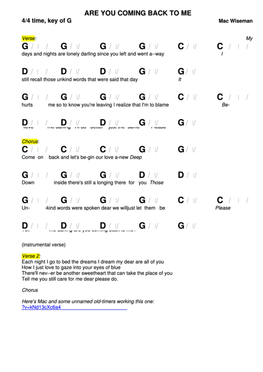 Mac Wiseman - Are You Coming Back To Me Chord Chart Printable pdf
