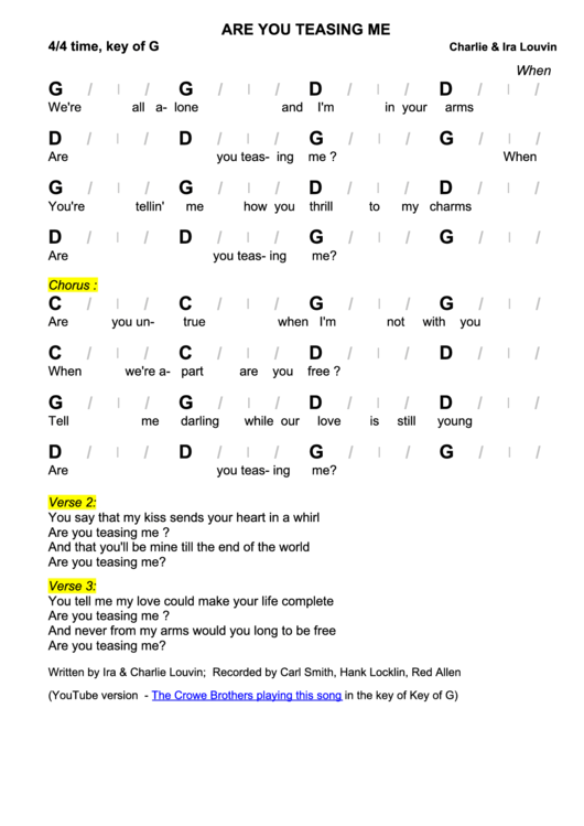 Charlie & Ira Louvin - Are You Teasing Me Chord Chart Printable pdf