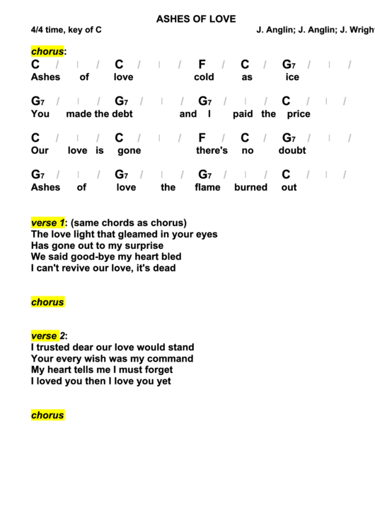 J. Anglin; J. Anglin; J. Wright - Ashes Of Love Chord Chart Printable pdf