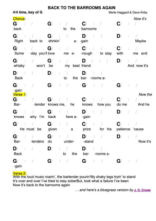 Merle Haggard & Dave Kirby - Back To The Barrooms Again Chord Chart Printable pdf