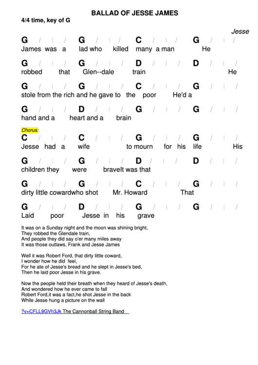 Ballad Of Jesse James Chord Chart - 4/4 Time, Key Of G Printable pdf