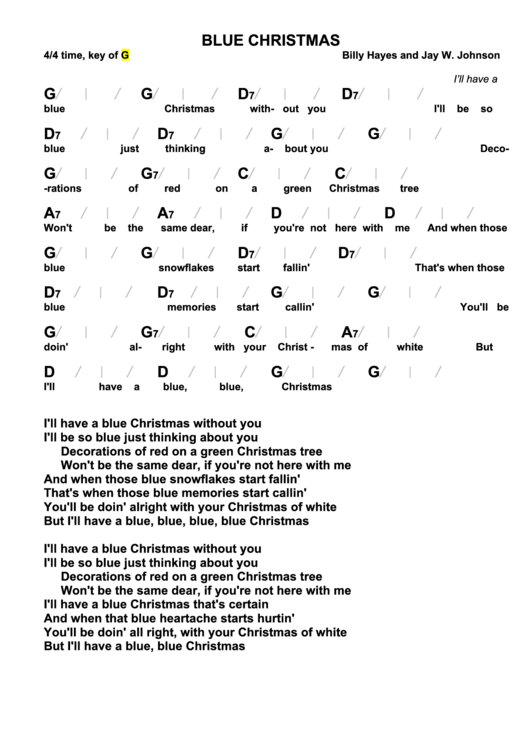 Billy Hayes And Jay W. Johnson - Blue Christmas Chord Chart Printable pdf