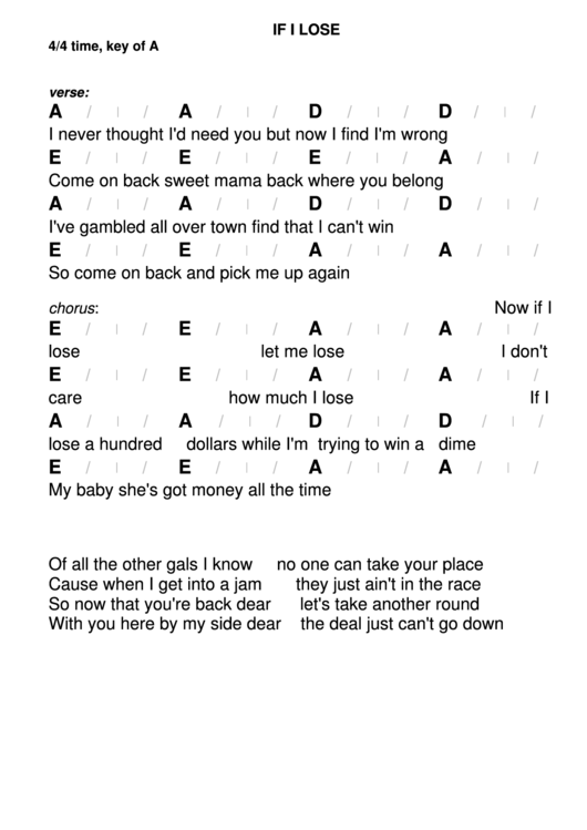 If I Lose Chord Chart - 4/4 Time, Key Of A Printable pdf