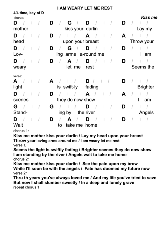 I Am Weary Let Me Rest Chord Chart - 4/4 Time, Key Of D Printable pdf