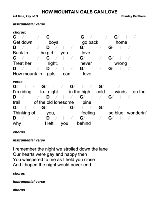 Stanley Brothers - How Mountain Girls Can Love Chord Chart Printable pdf