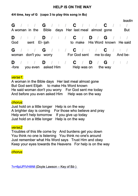 Help Is On The Way Chord Chart - 4/4 Time, Key Of G (Capo 3 To Play This Song In Bb) Printable pdf