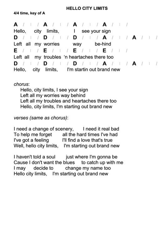 Hello City Limits Chord Chart - 4/4 Time, Key Of A Printable pdf
