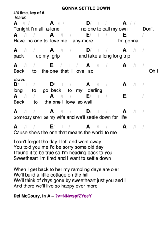 Gonna Settle Down Chord Chart - 4/4 Time, Key Of A Printable pdf