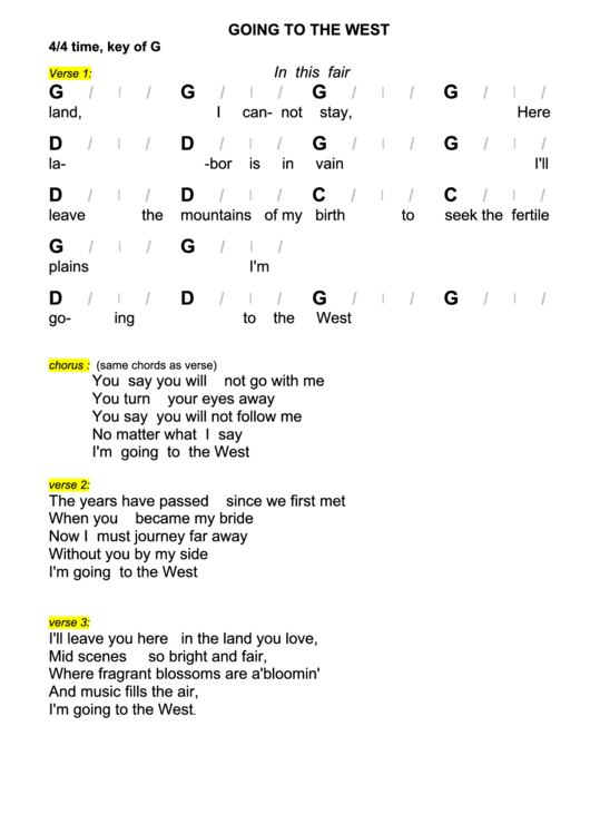 Going To The West Chord Chart - 4/4 Time, Key Of G Printable pdf