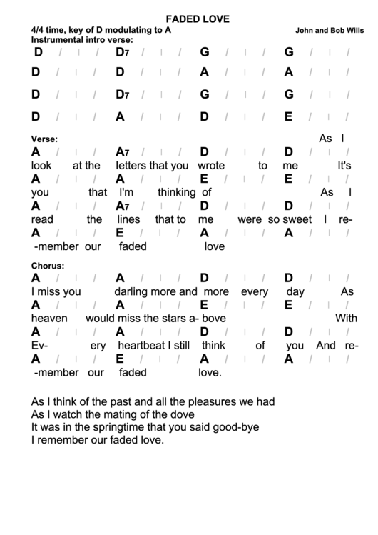 John And Bob Wills - Faded Love Chord Chart Printable pdf