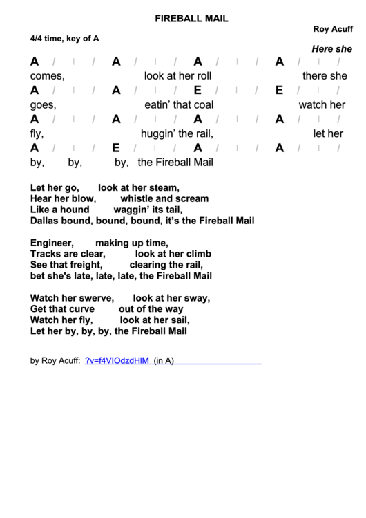 Roy Acuff - Fireball Mail Chord Chart Printable pdf