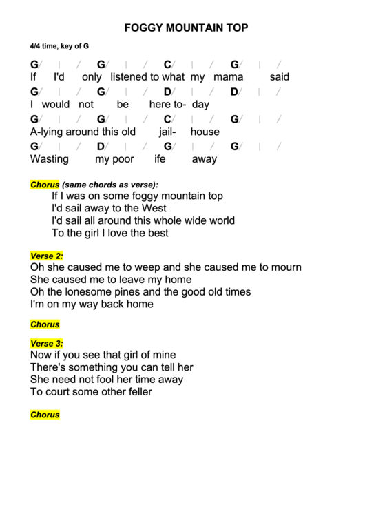 Foggy Mountain Top Chord Chart - 4/4 Time, Key Of G Printable pdf
