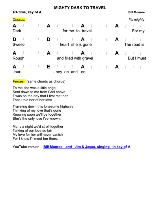 Bill Monroe - Mighty Dark To Travel Chord Chart Printable pdf