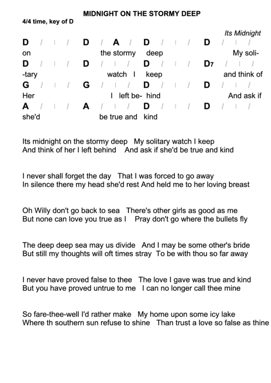 Midnight On The Stormy Deep Chord Chart - 4/4 Time, Key Of D Printable pdf
