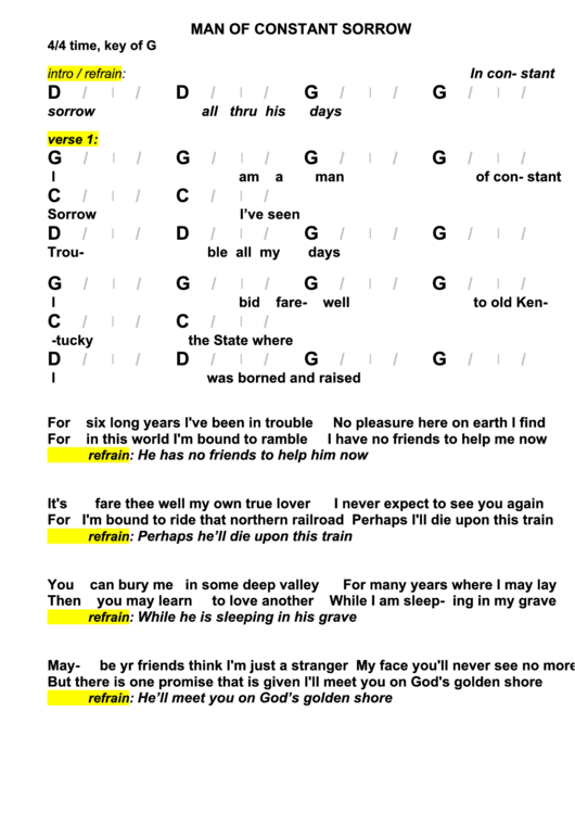 Man Of Constant Sorrow Chord Chart - 4/4 Time, Key Of G Printable pdf