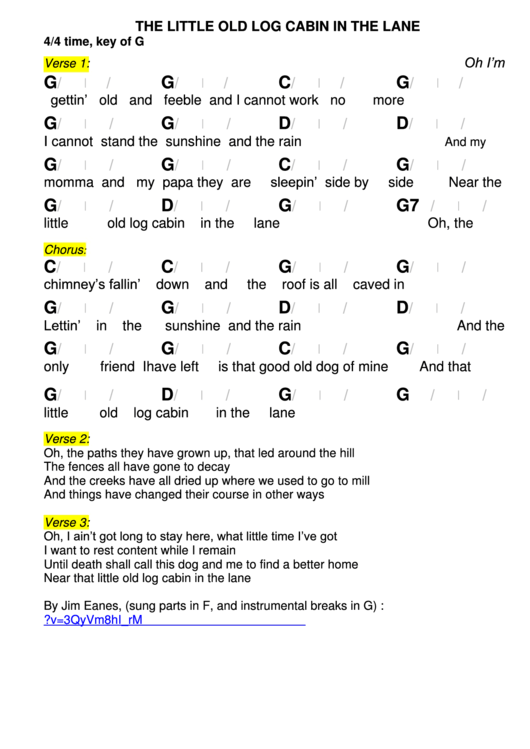 Little Old Log Cabin In The Lane Chord Chart - 4/4 Time, Key Of G Printable pdf