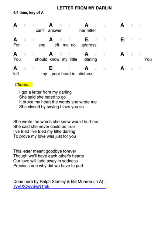 Letter From My Darlin Chord Chart - 4/4 Time, Key Of A Printable pdf