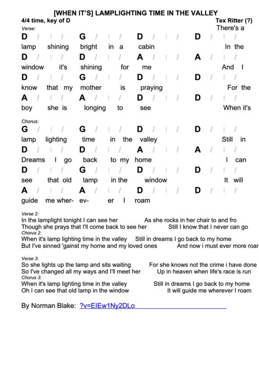 Tex Ritter - Lamplighting Time In The Valley Chord Chart Printable pdf