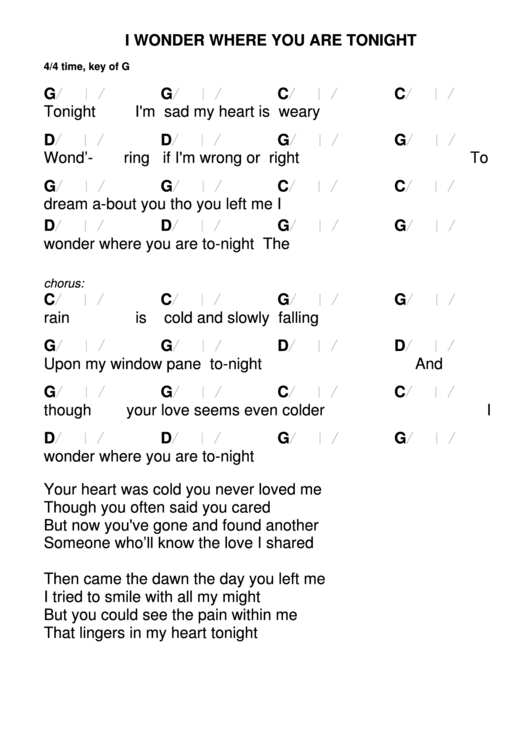 I Wonder Where You Are Tonight Chord Chart - 4/4 Time, Key Of G Printable pdf