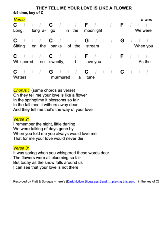 They Tell Me Your Love Is Like A Flower Chord Chart - 4/4 Time, Key Of C Printable pdf