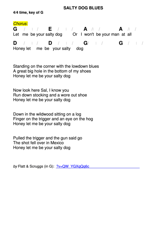 Salty Dog Blues Chord Chart - 4/4 Time, Key Of G Printable pdf