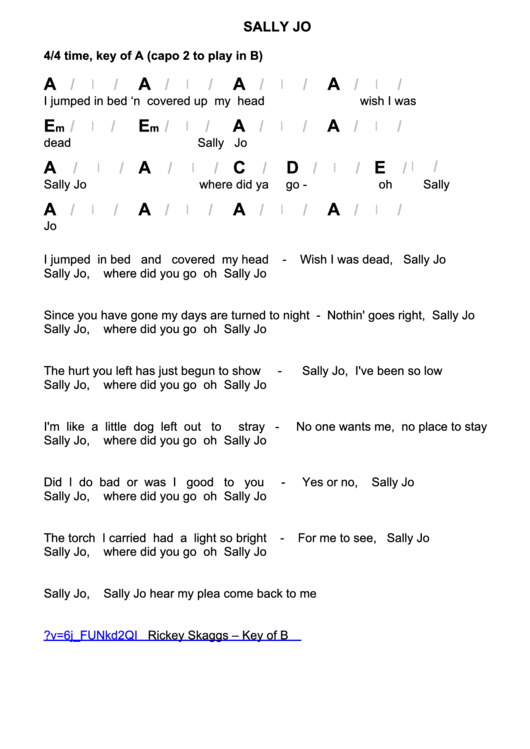 Sally Joe Chord Chart - 4/4 Time, Key Of A (Capo 2 To Play In B) Printable pdf